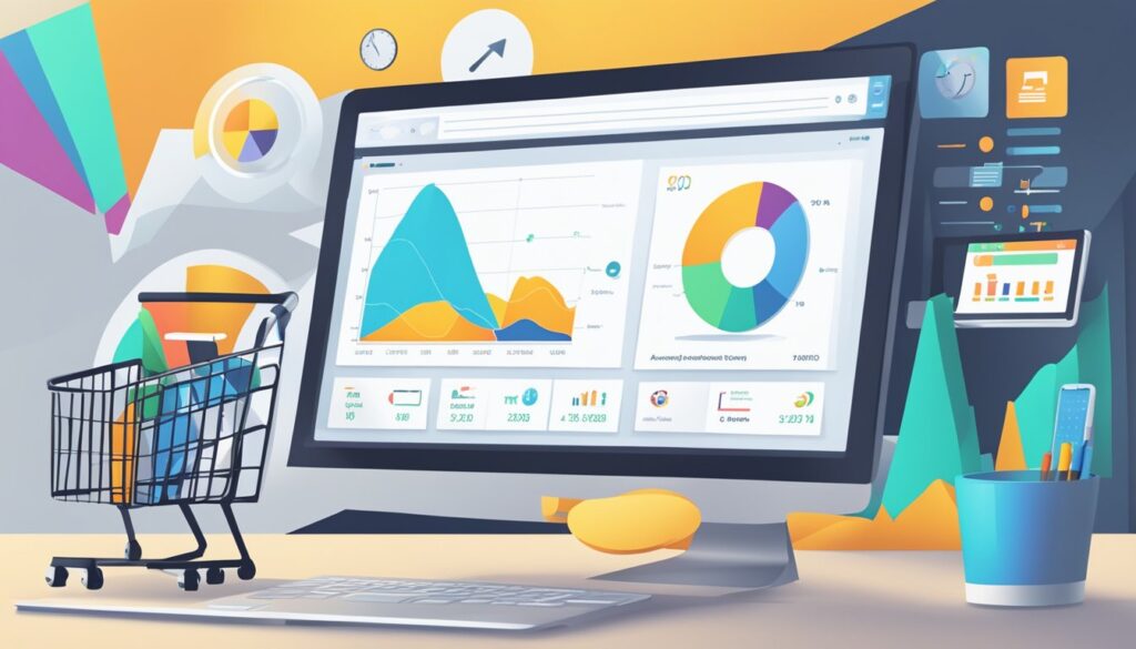 Uma tela de computador exibindo análises de marketing digital para otimização de comércio eletrônico