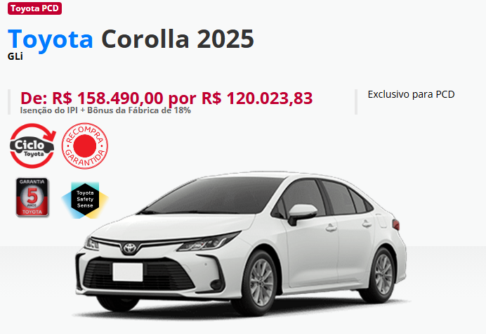 Toyota Corolla GLI para PcD em janeiro tem desconto de R$ 38.466