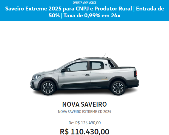 Volkswagen libera Saveiro para CNPJ em janeiro com desconto de R$ 15.060