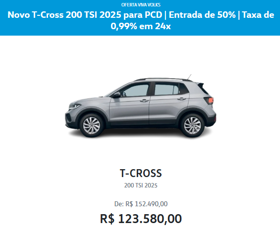 Volkswagen libera o preço do T-Cross 200 TSI com desconto de R$ 28.905 para PcD em janeiro de 2025