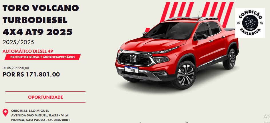 Fiat divulga a Toro Volcano para CNPJ com desconto de R$ 35.189