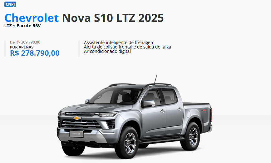 Chevrolet oferta S10 LTZ para CNPJ com desconto de R$ 31 mil em janeiro de 2025