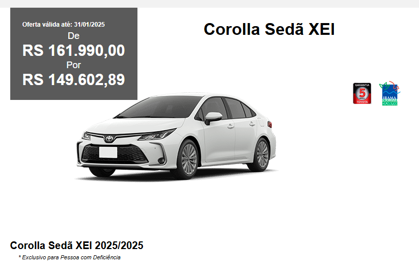 Toyota atualiza o preço do Corolla XEi para PcD em janeiro tem desconto de R$ 12.387