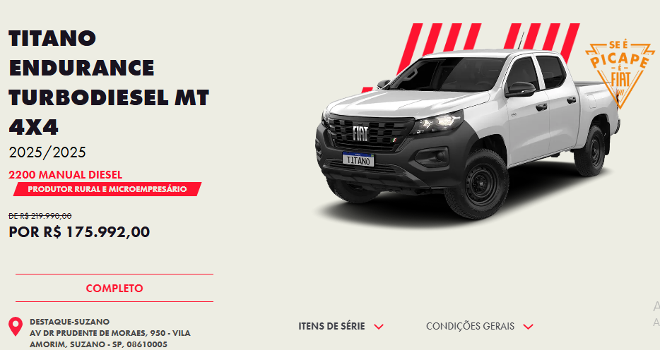 Fiat divulga o preço da Titano Endurance com desconto de R$ 43.998 em janeiro de 2025