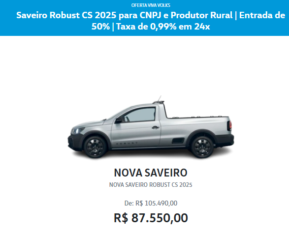 Volkswagen atualiza o preço da Saveiro Robust para CNPJ com desconto de até R$ 19.280