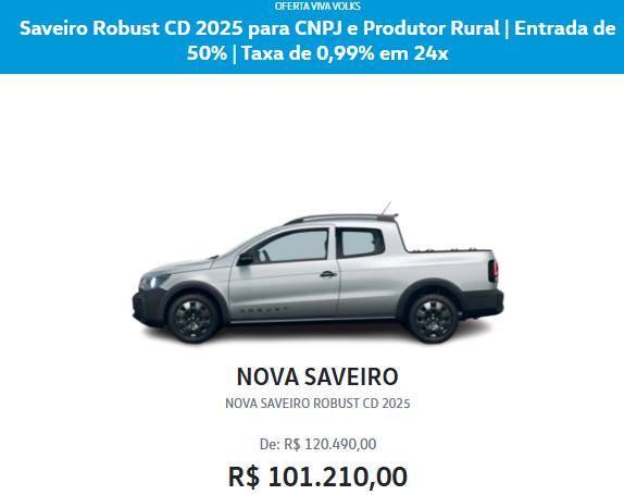 Volkswagen atualiza o preço da Saveiro Robust para CNPJ com desconto de até R$ 19.280