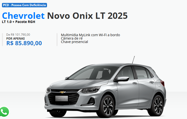 Chevrolet atualiza o preço do Onix LT MT para PcD com desconto de até R$ 15.900