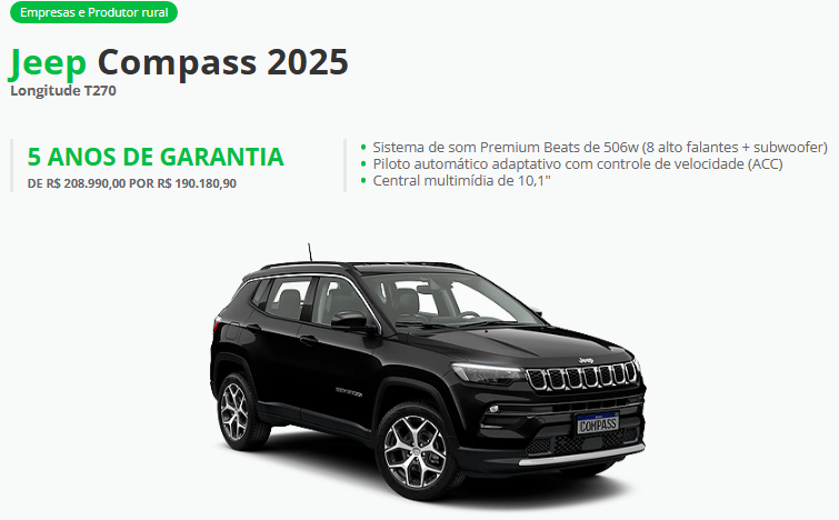 Jeep atualiza os preços do Compass para CNPJ com desconto de até R$ 40.878