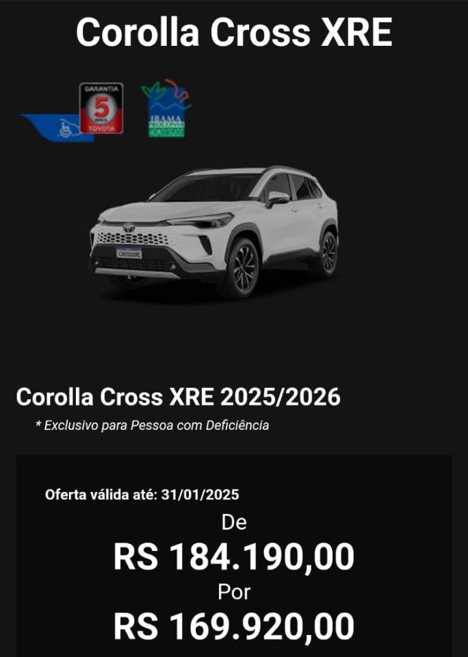 Toyota libera Corolla Cross XRE 2026 para PcD com desconto de R$ 14.270