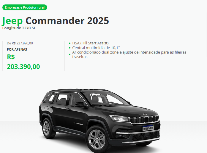 Jeep atualiza os preços do Commander para CNPJ com desconto de até R$ 44.658