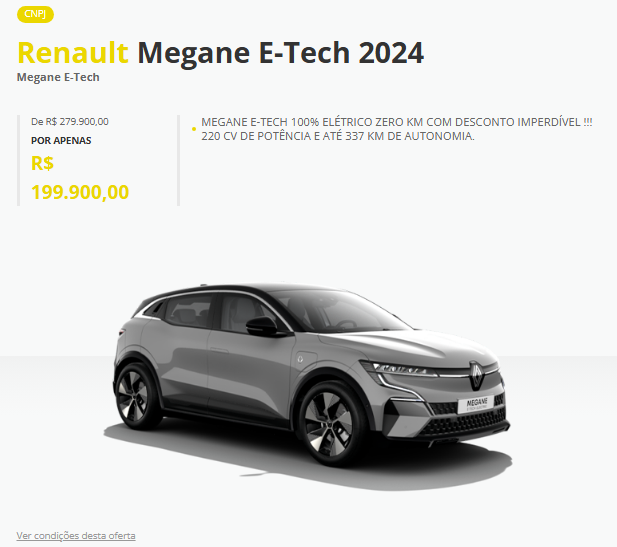 Renault libera Megane E-Tech com desconto de R$ 80 mil em fevereiro; para zerar estoque