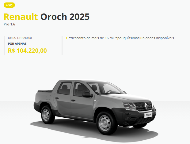 Renault atualiza o preço do Oroch Pro para CNPJ em fevereiro com desconto de R$ 17.770