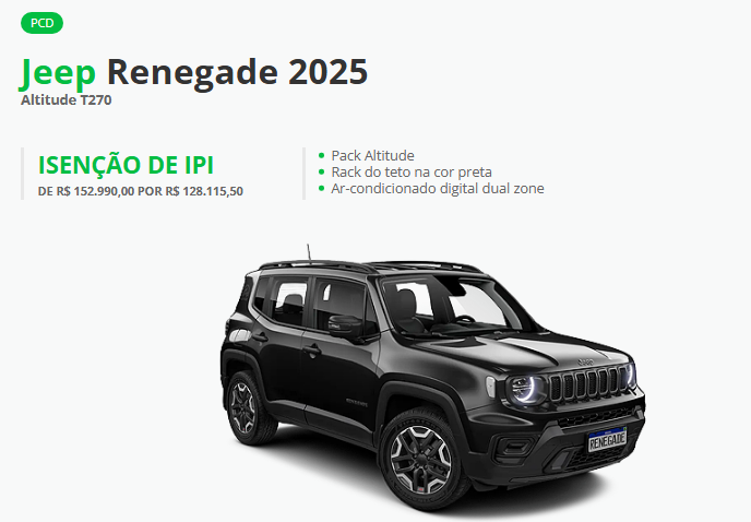 Jeep libera Renegade Altitude para PcD em fevereiro com desconto de R$ 24.874