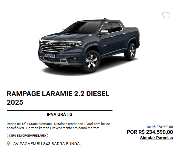 Ram Rampage Laramie para CNPJ em fevereiro tem desconto de R$ 44.400