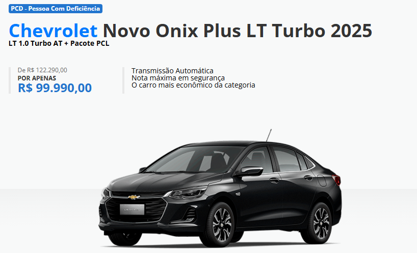 Chevrolet atualiza o valor do Onix Plus LT Turbo AT para PcD com desconto de R$ 22.300