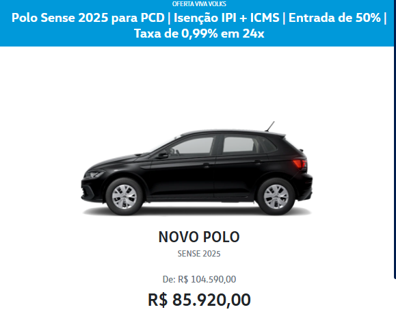 Volkswagen Polo Sense é vendido com super desconto de R$ 18.570 para PcD