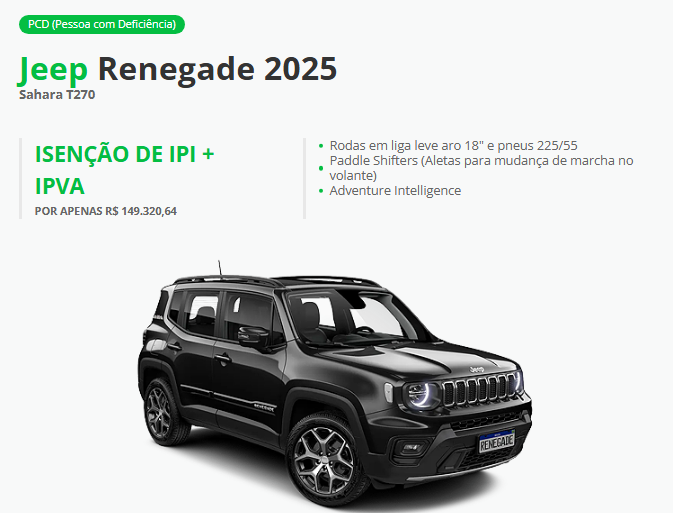 Jeep vende Renegade Sahara para PcD com descontão de R$ 30.669