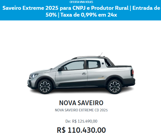 Volkswagen libera Saveiro Extreme em fevereiro com super desconto de R$ 15.060 para CNPJ