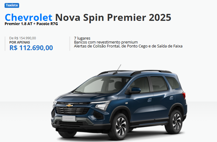 Chevrolet libera Spin Premier com uma bolada de desconto de R$ 42.300 para táxi