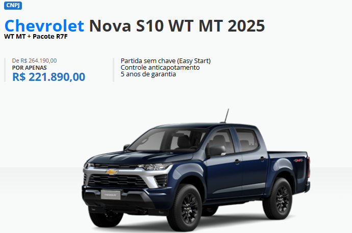 Chevrolet anuncia S10 WT MT com super desconto de R$ 42.300 em fevereiro