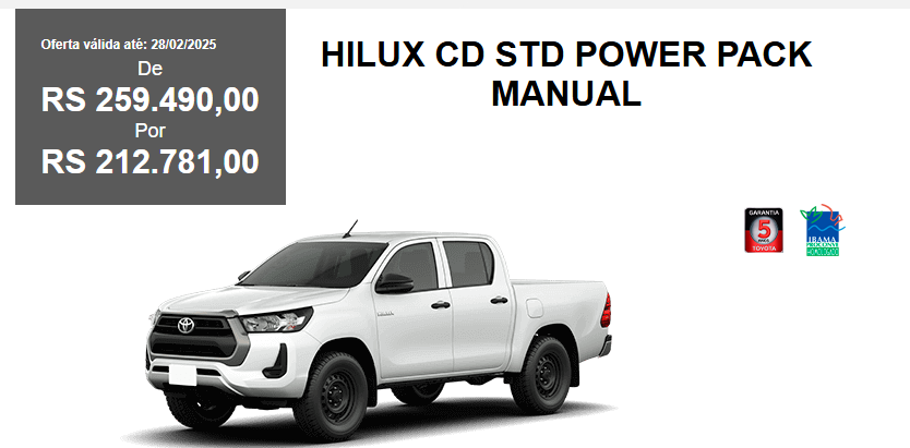 Toyota comercializa Hilux Power Pack MT para CNPJ com desconto de R$ 46.709