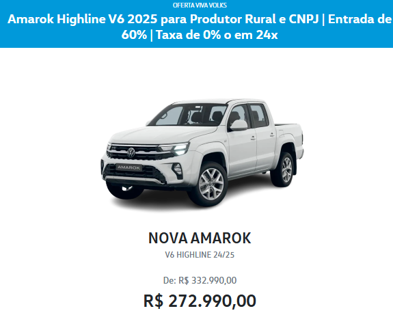 Volkswagen Amarok Highline é liberado com desconto tentador de R$ 60 mil em fevereiro