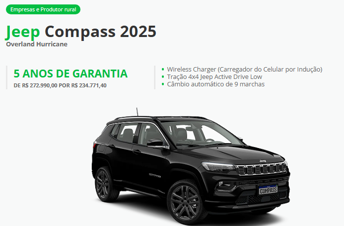 Captura de tela 2025 02 19 042821 Empresas e produtores rurais podem adquirir o Jeep Compass Overland por meio de vendas diretas, com um desconto atrativo