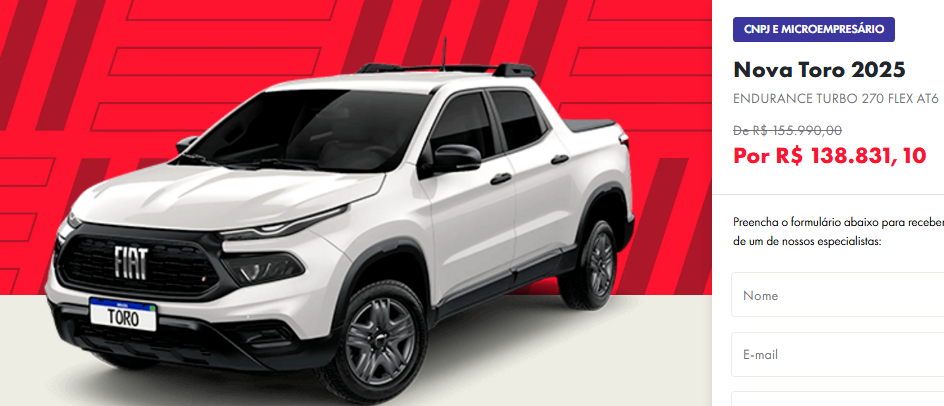 Fiat Toro Endurance tem preço reduzido em R$ 17.100 para CNPJ