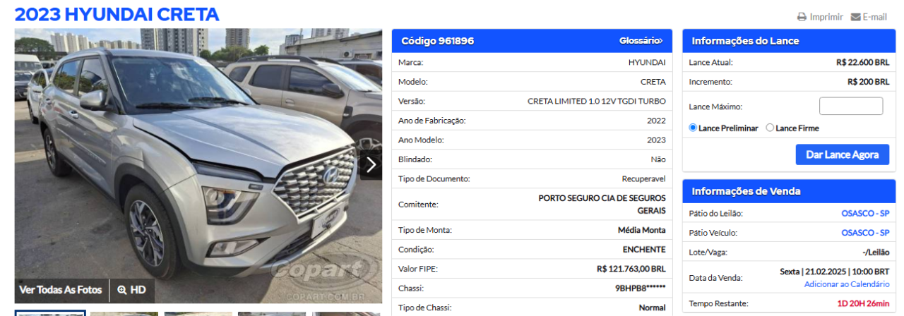 Hyundai Creta Limited 2023 está sendo leiloado com lance inicial de apenas R$ 22.600