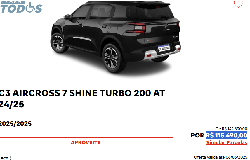 Citroën libera C3 Aircross Shine para PcD com descontão de R$ 27.400