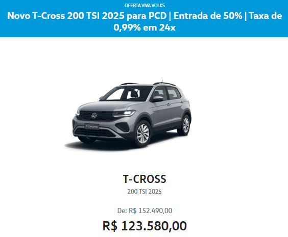 Volkswagen anuncia T-Cross 200 TSI com desconto de R$ 28.910 para liquidar estoque