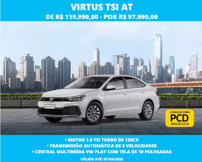 Volkswagen oferta Virtus TSI AT com desconto de R$ 22 mil para PcD