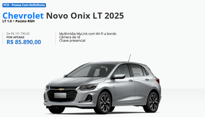 Captura de tela 2025 02 26 040552 Por meio de vendas diretas, pessoas com deficiência podem adquirir o Chevrolet Onix LT MT com isenção total de IPI e bônus de fábrica