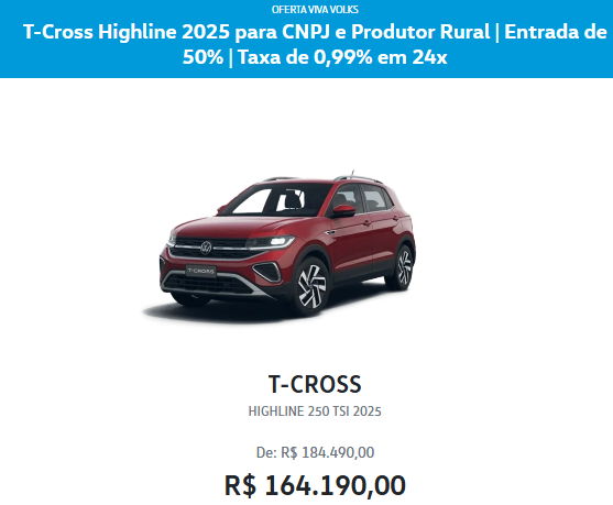 Volkswagen libera T-Cross Highline com mega desconto de R$ 20.300 para CNPJ