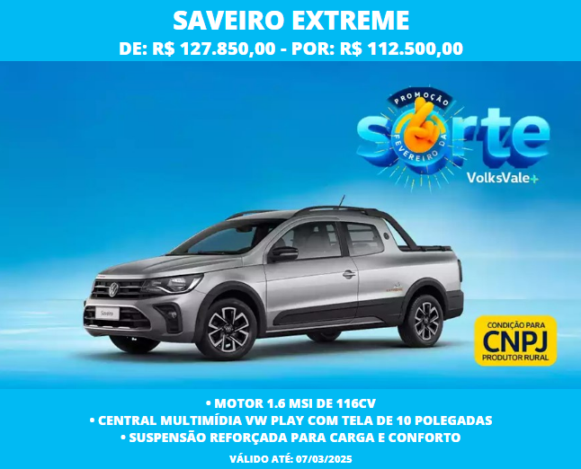 Volkswagen Saveiro Extreme é anunciado em março com mega desconto R$ 18.590 para esgotar estoque