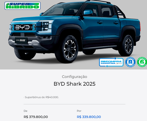 BYD Shark continua com mega desconto de R$ 40 mil para liquidação de estoque