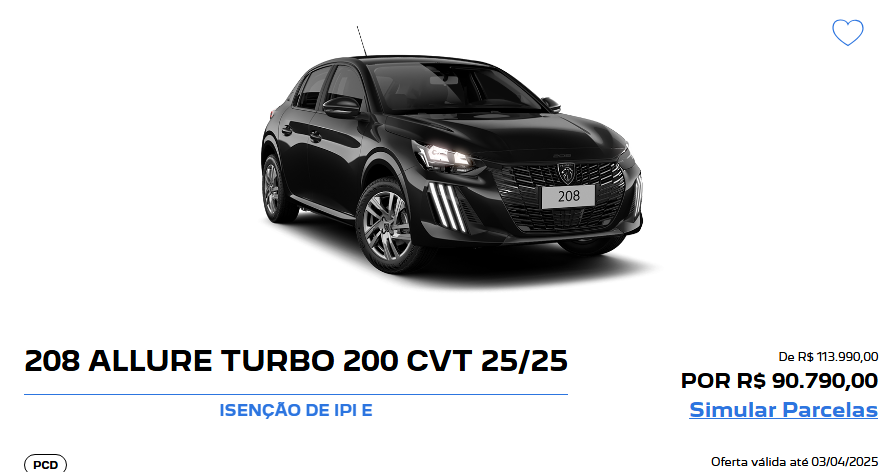 Peugeot 208 Allure com mega oferta de R$ 23.200 de desconto para PcD