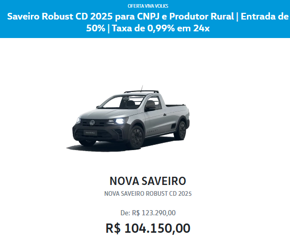 Volkswagen Saveiro Robust tem desconto de até R$ 19.660 para CNPJ em março