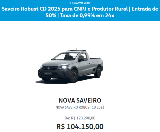 Volkswagen Saveiro Robust tem desconto de até R$ 19.660 para CNPJ em março