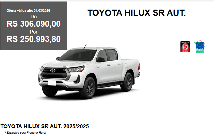 Toyota Hilux SR com grande oferta de R$ 55 mil de desconto para CNPJ