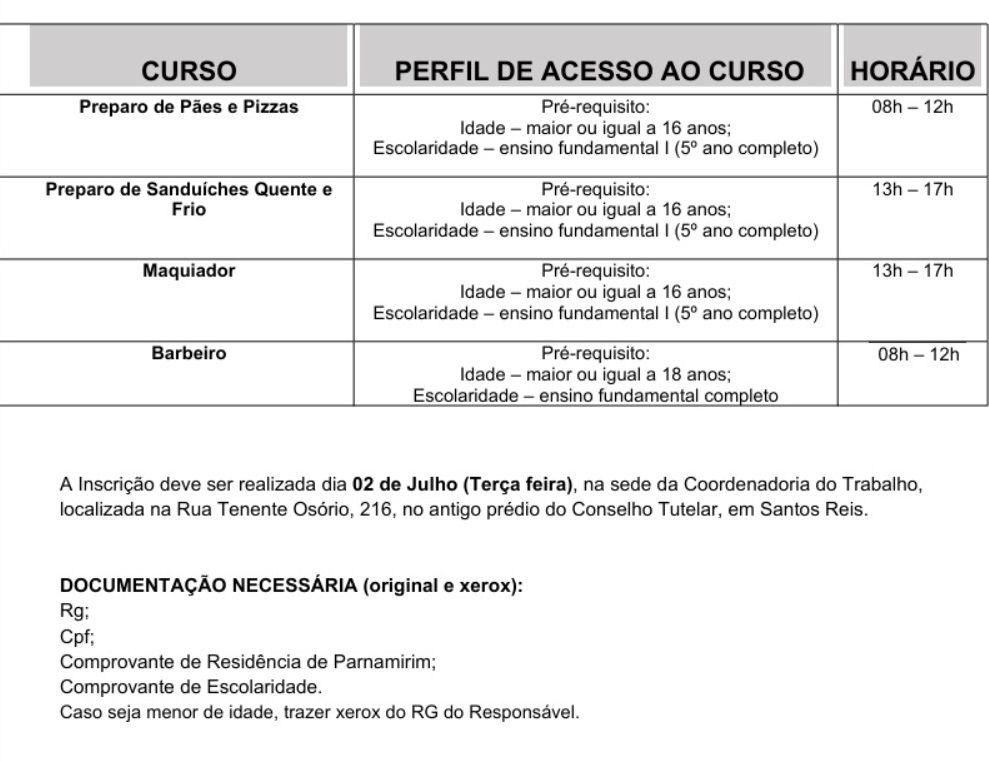 Parnamirim abre vagas gratuitas para cursos de qualificacao profissional