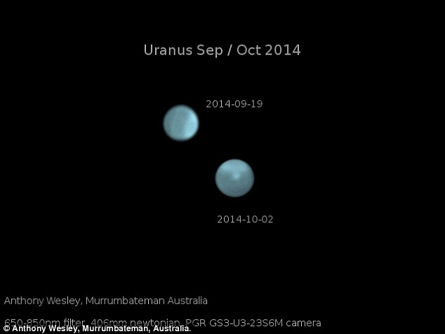 Estas imagens ópticas de Urano foram tiradas em 19 de setembro e 02 de outubro, mostrando a aparência dramática de uma tempestade brilhante em um planeta que normalmente exibe apenas uma região polar brilhante difusa. Foto: Reprodução/Daily Mail
