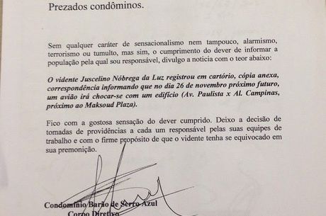 Texto entregue aos condôminos alerta sobre possível colisão entre aeronave e prédio na região da av. Paulista. Foto: Reprodução/Facebook