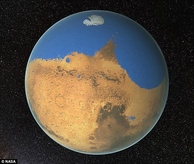 Brandenburg também afirma que ele surgiu com a hipótese de que Marte já foi coberta por um oceano, que a Nasa anunciou recentemente. A agência disse que agora tinha provas de que há 3,7 bilhões anos atrás, o planeta tinha mais água (mostrado na ilustração) do que do que o Oceano Ártico tem hoje.
