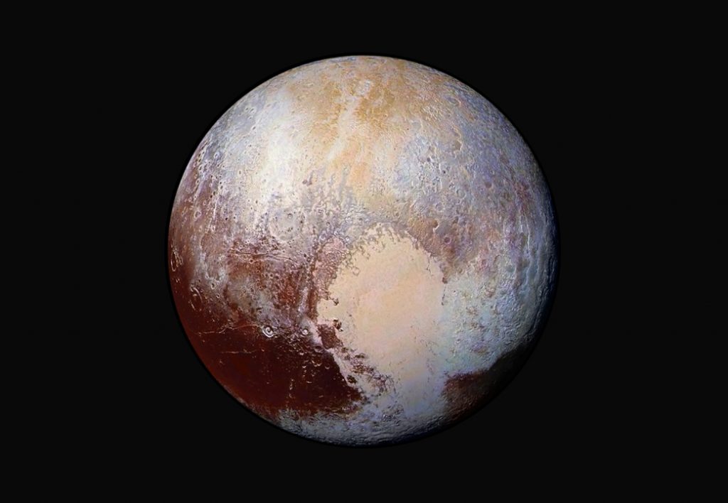 Imagem com cores artificias para destacar a textura na superfície de Plutão (Foto: NASA/JHUAPL/SwRI) 