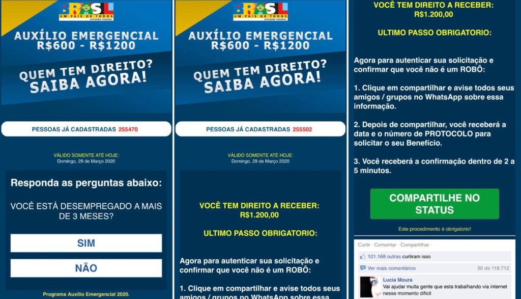 Golpe do Auxílio Emergencial 11 milhões de acessos e compartilhamentos