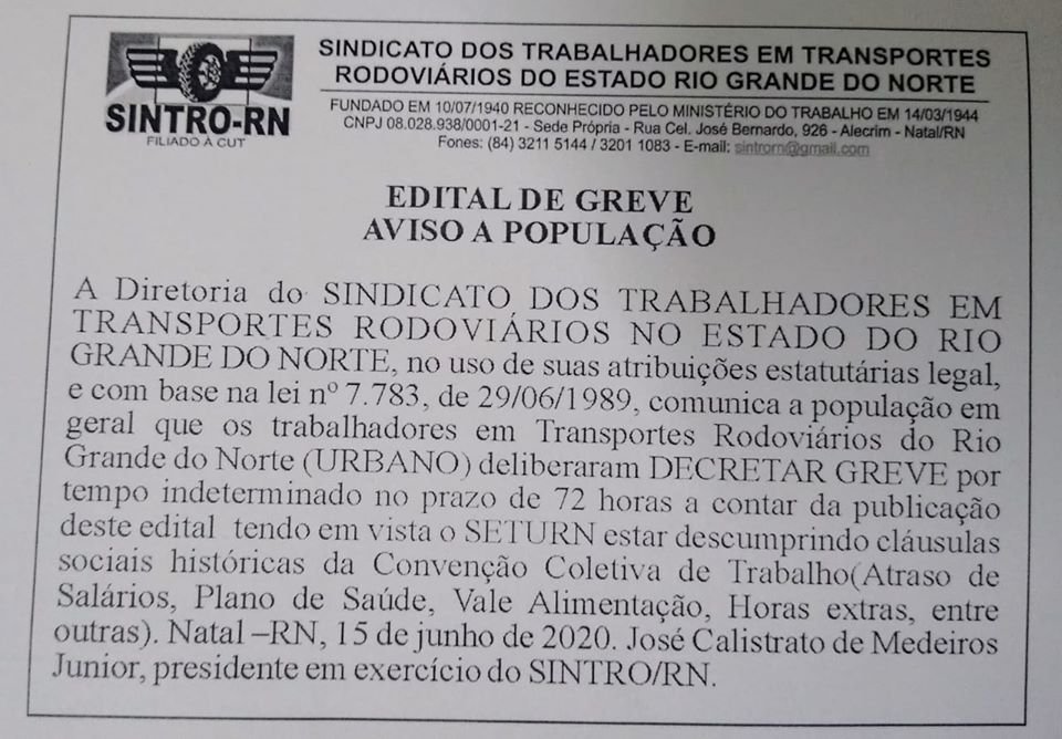 Motoristas de ônibus de Natal entram em greve a partir do dia 18  