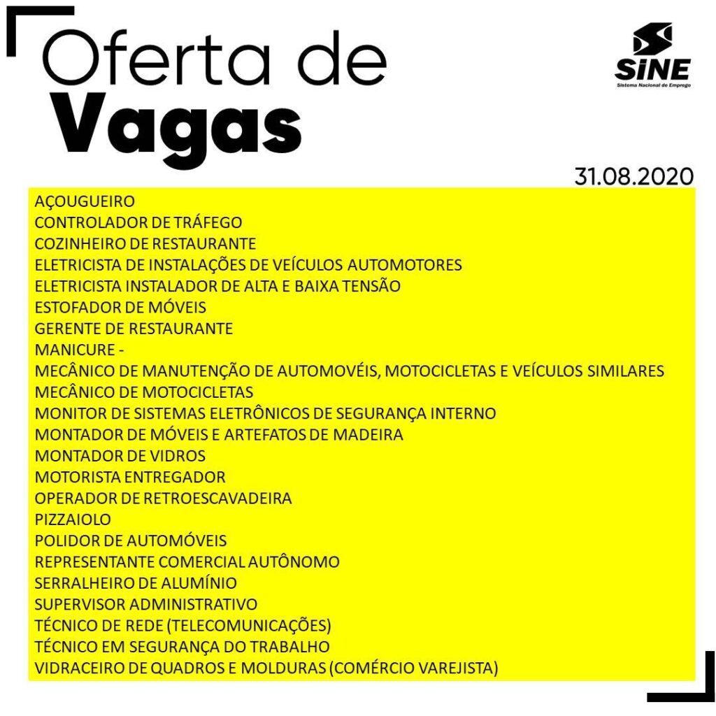 VAGAS DE EMPREGO SINE 31 08 2010