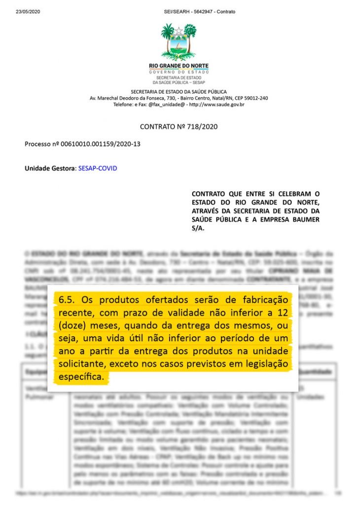 Governo do RN pagou quase R$ 1,5 milhão por ventiladores pulmonares danificados