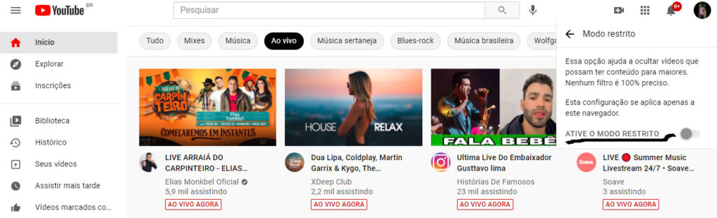 Como ativar o modo restrito do YouTube 